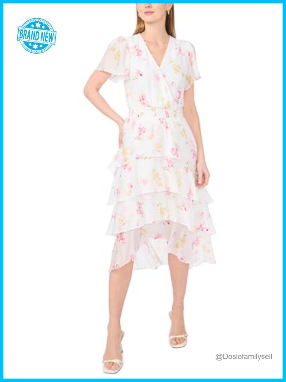 Short Sleeve Four Tier Layered V-Neck Midi Dress Fit & Flare Floral